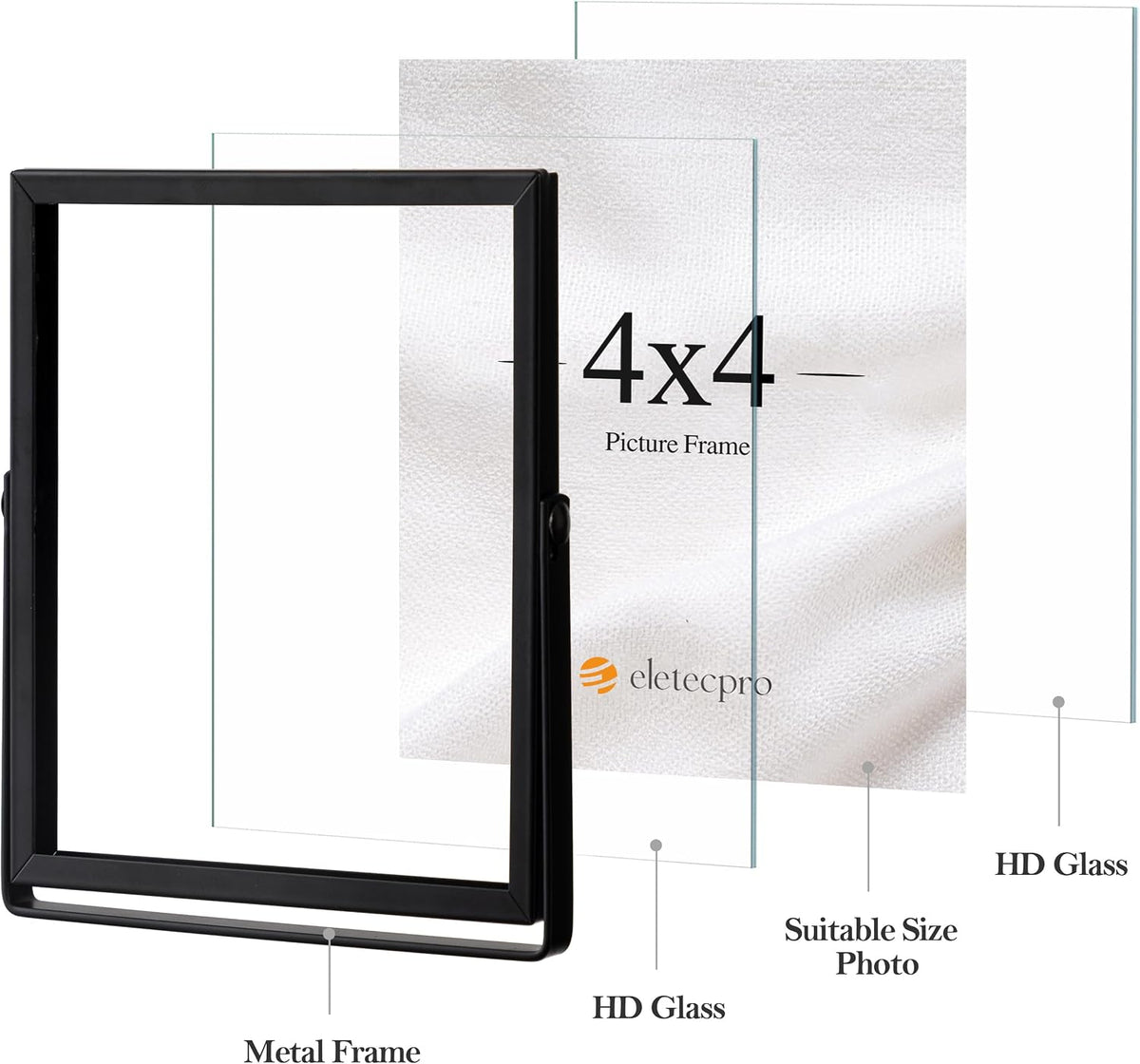 eletecpro 4x4 Floating Picture Frame, Real Glass Cover, Black, 1-Pack