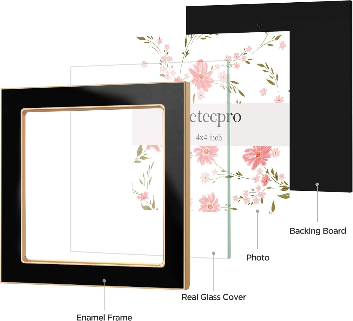 eletecpro 4x4 Enamel Picture Frame with Real Glass Cover, Black, 1-Pack