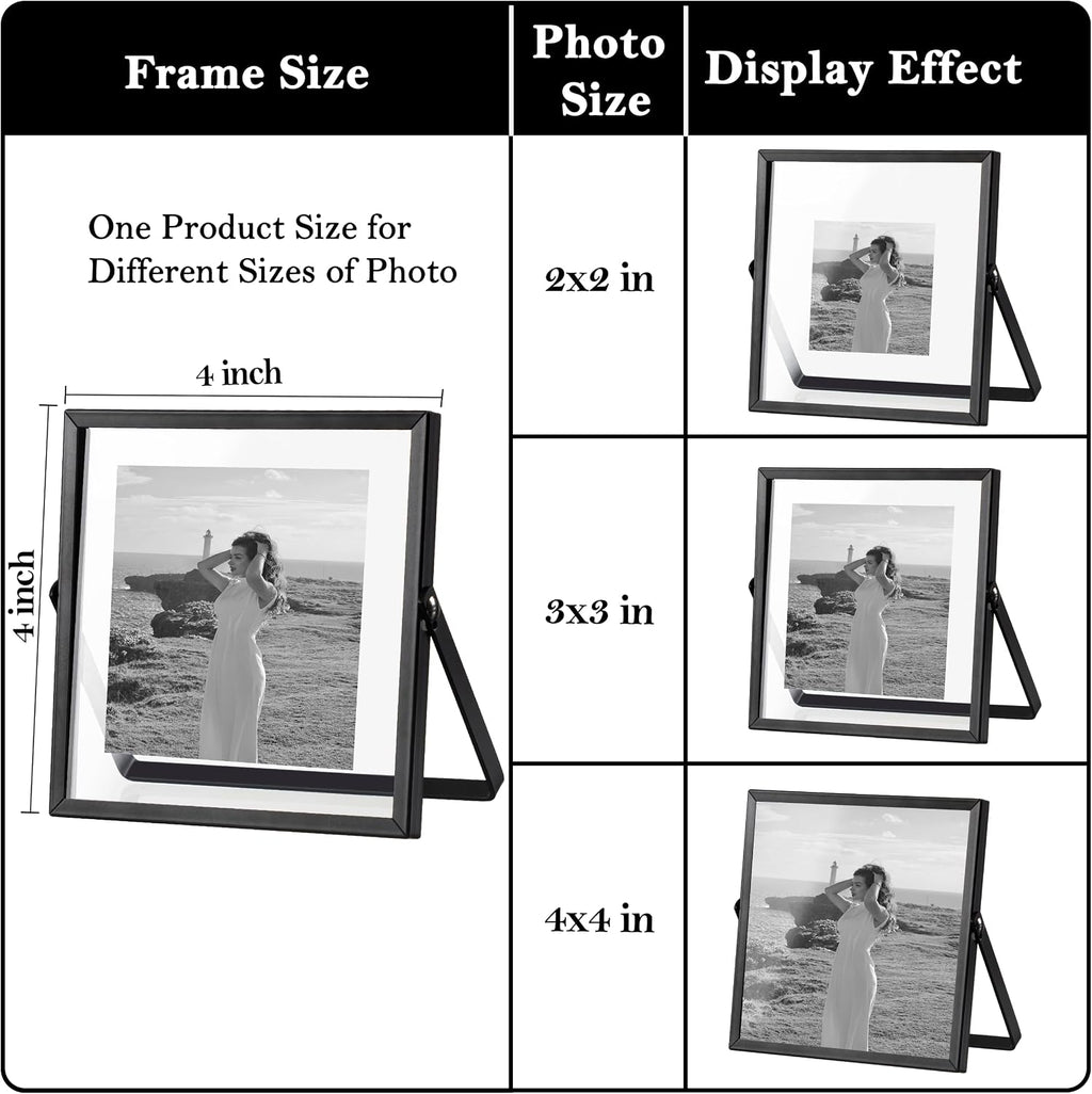 eletecpro 4x4 Floating Picture Frame, Real Glass Cover, Black, 1-Pack