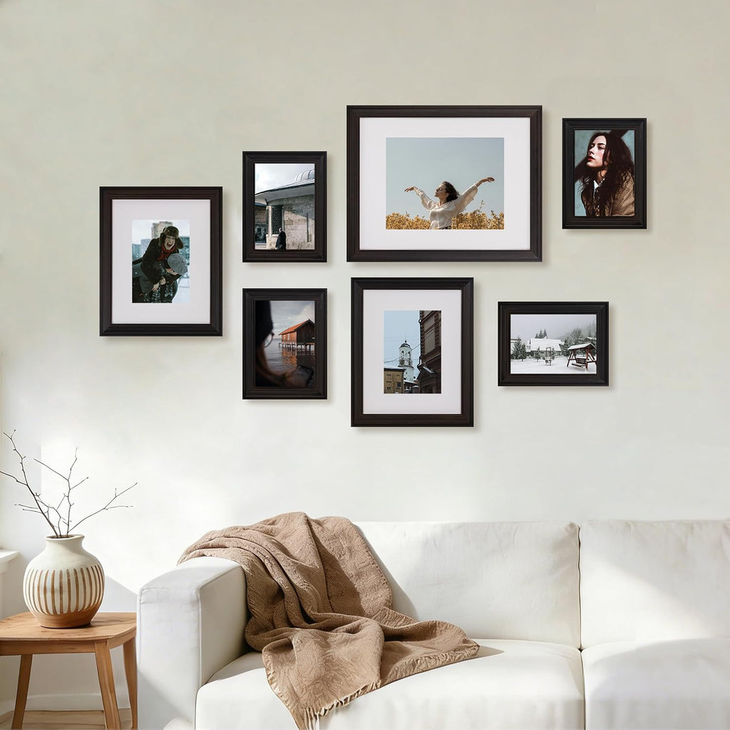 eletecpro Gallery Wall Frame Set of 7, Real Solid Pine Wood Frames, Black